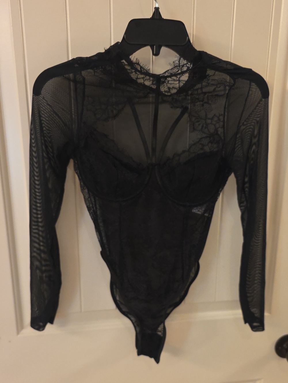 Sheer Lace Long-Sleeve Black Bodysuit